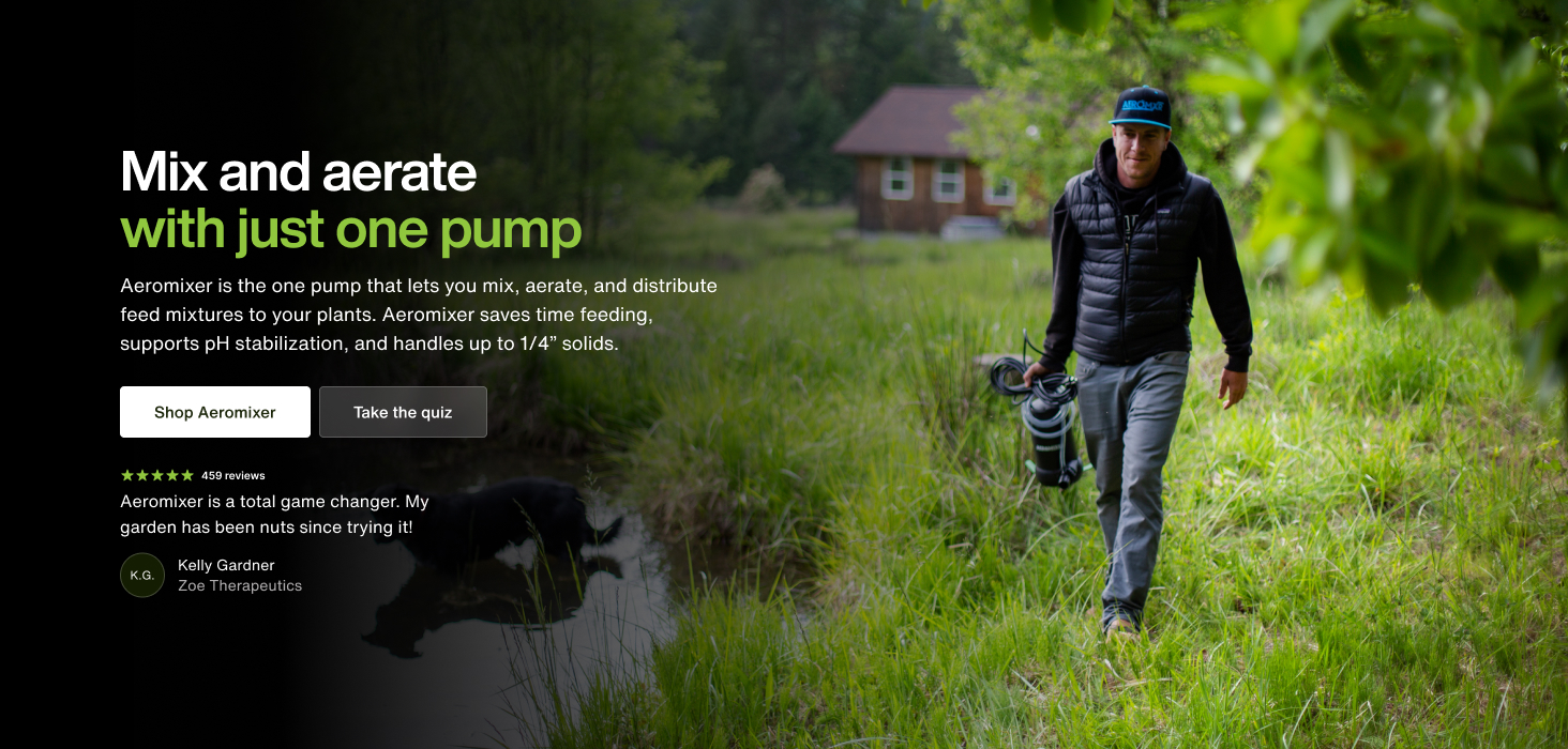 Aeromixer hero with headline mix and aerate with one pump and lifestyle photo of grower in a field