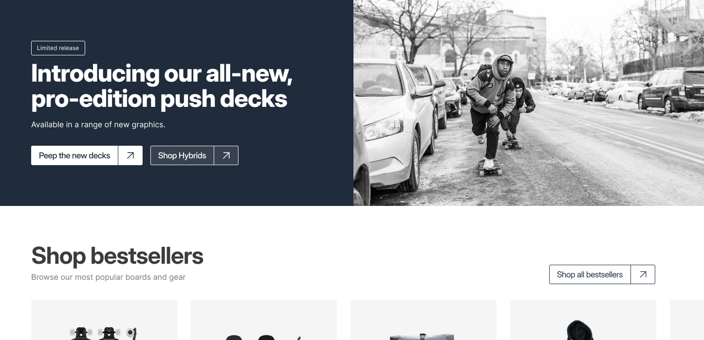 Bustin Boards website hero showcasing longboards and brand imagery