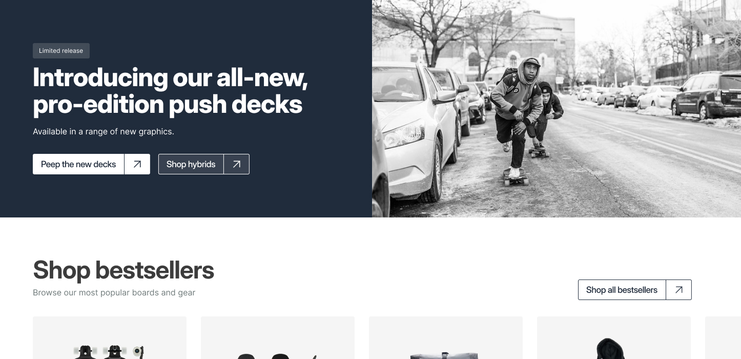 Bustin Boards website hero showcasing longboards and brand imagery