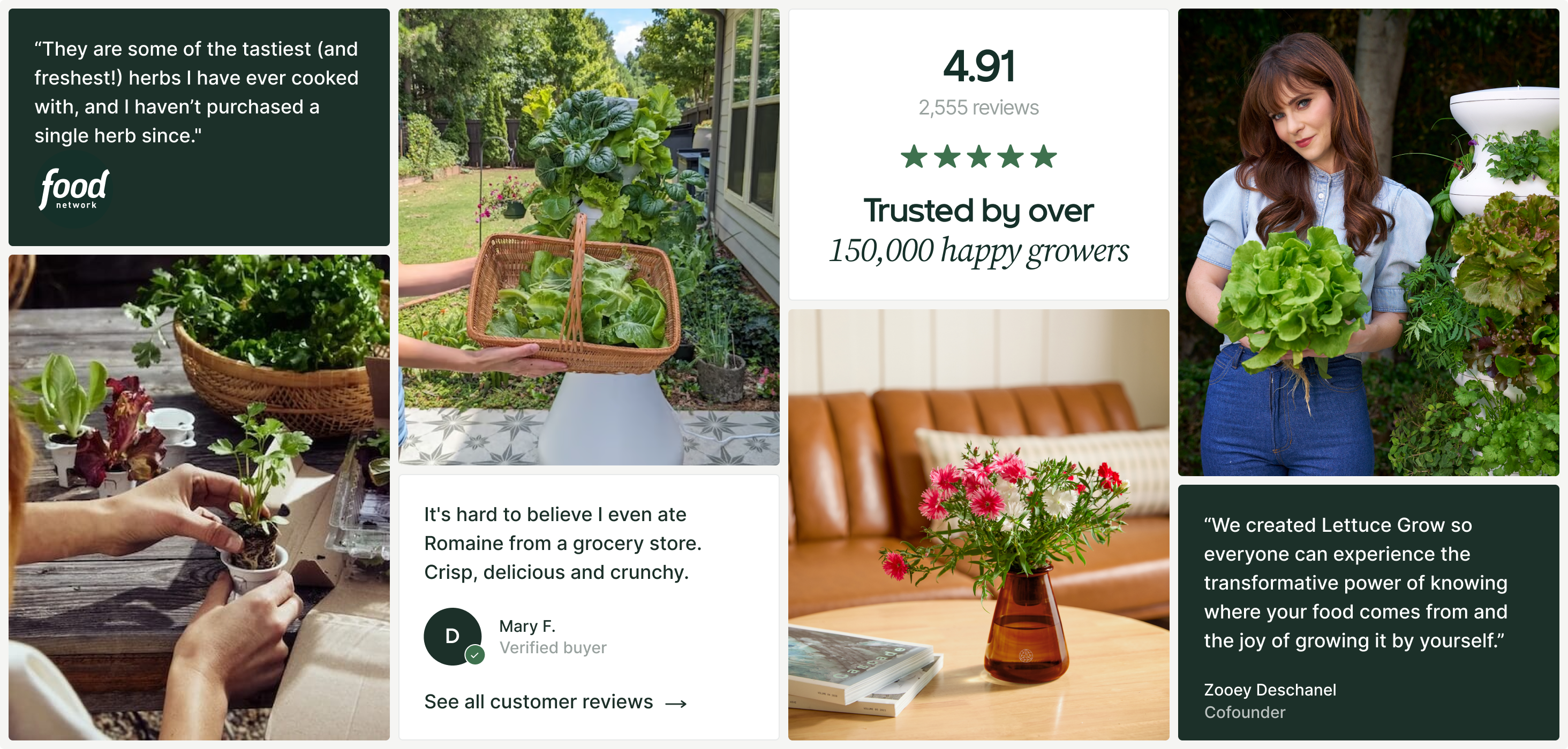 Lettuce Grow testimonials and social proof grid with ratings, quotes, and lifestyle photography